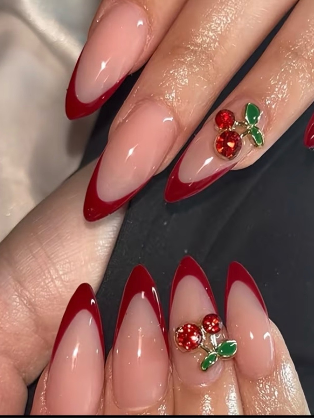 Red Cherry Accent Stiletto Nails - Women Makeup